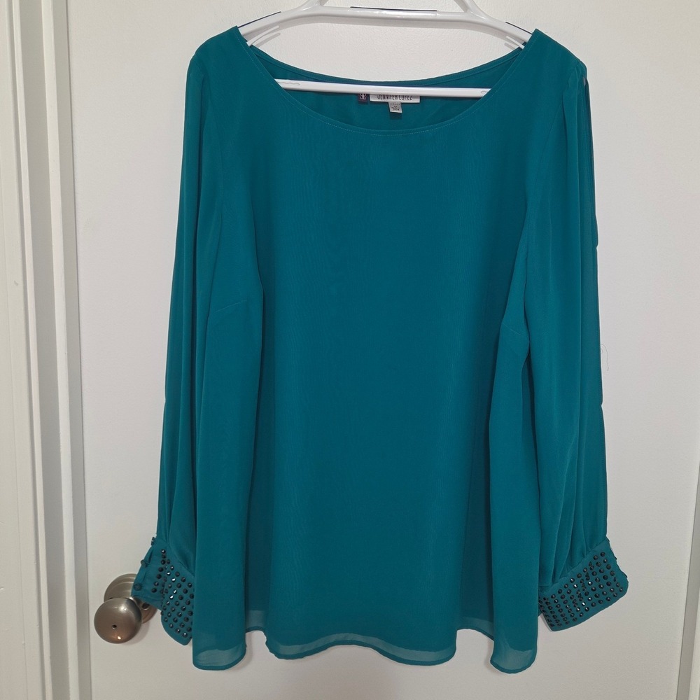 Jennifer Lopez Teal Studded Cuff Split Sleeve Blouse 1X Top Career Office